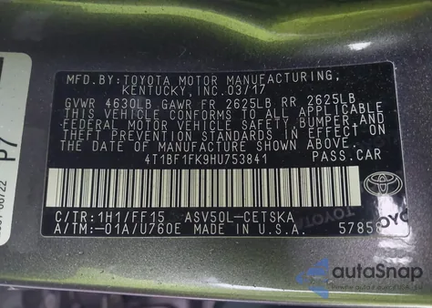 2017 Toyota Camry Se from USA, damaged, VIN 4T1BF1FK9HU753841